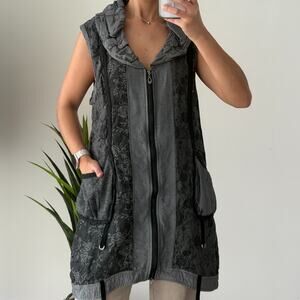 Linen Lagenlook Tunic Vest Womens Medium Gray Patchwork Tapestry Jacquard Artsy